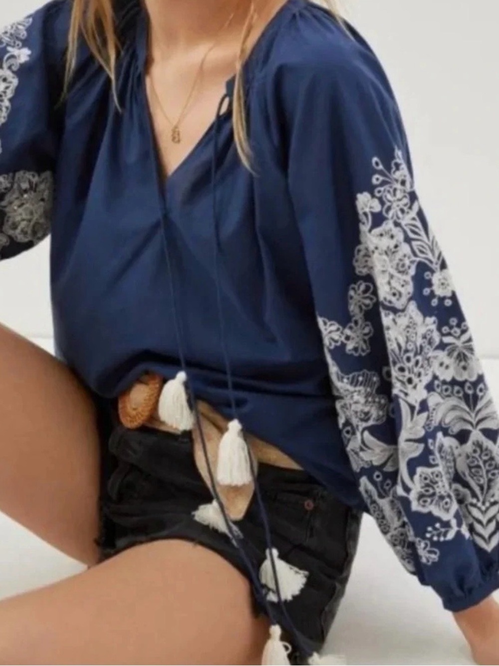 SACHIN & BABI x Anthropologie Raven Embroidered Puff Sleeve Tassel Top XL
